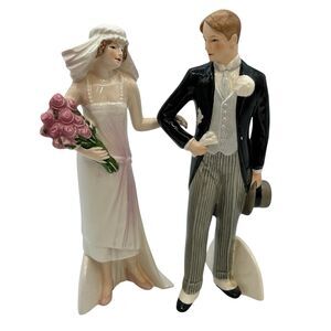 Bride and Groom Porcelain Figurine Set - White and Pink